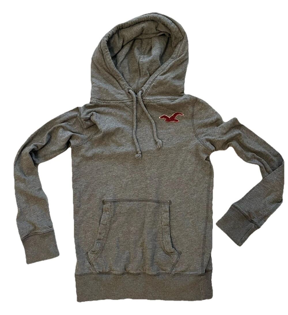 VTG Y2K Sweatshirt Hoodie Gray Distressed Logo Patch Beach Surf Skater XS